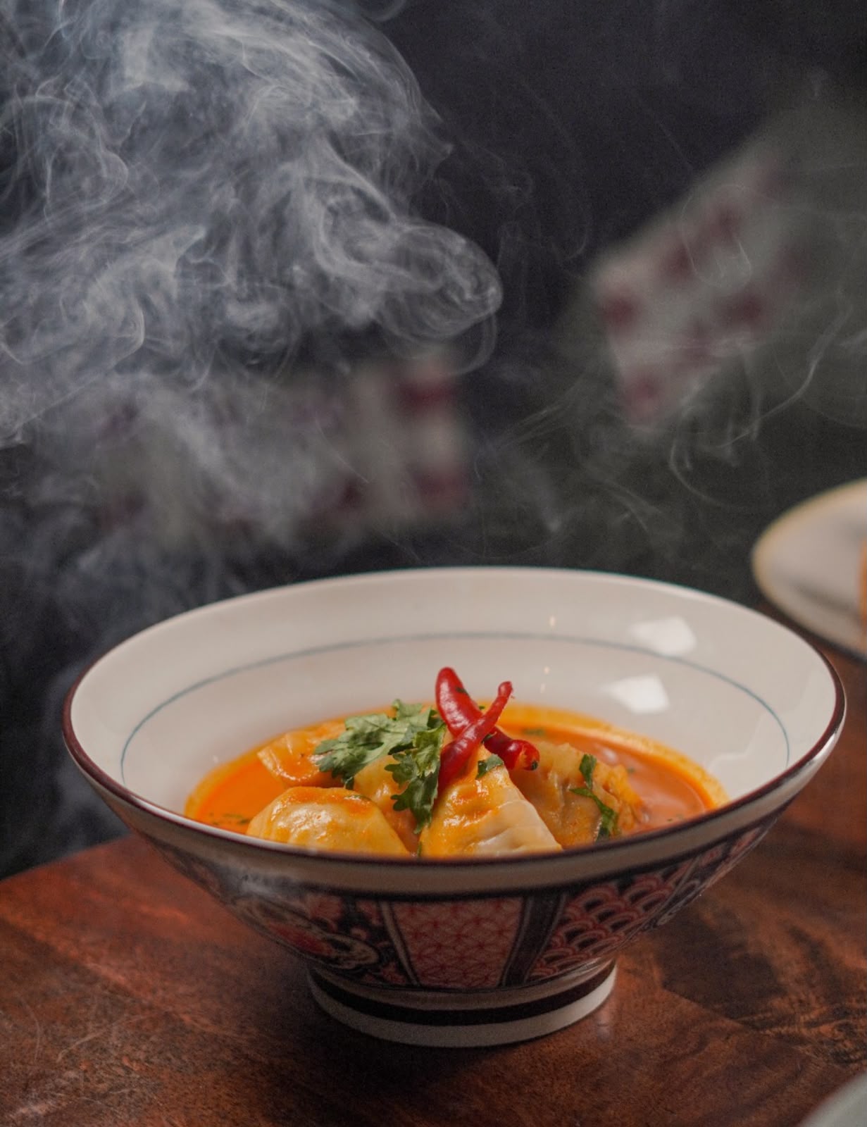 Steaming bowl of dumpling soup