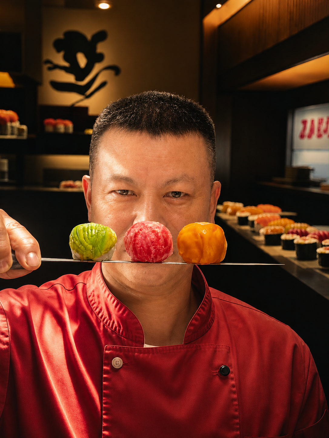 Chef presenting colorful sushi