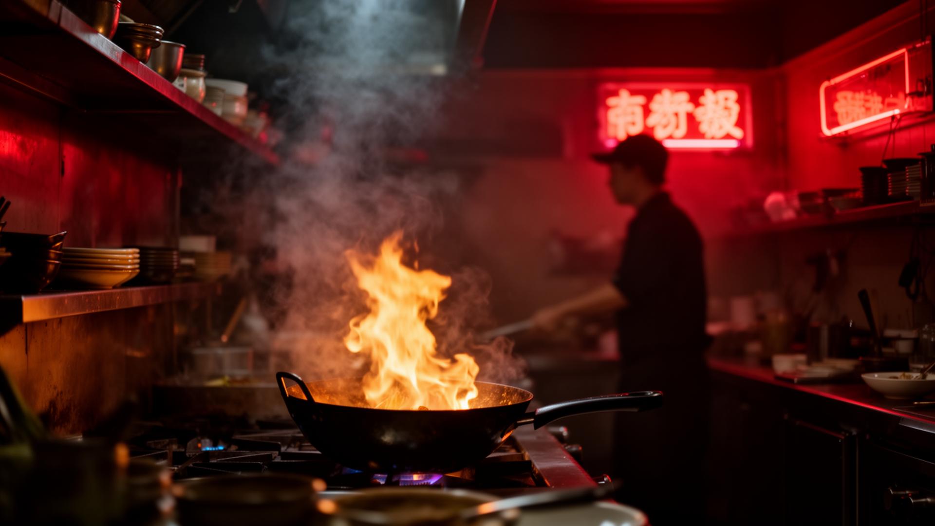 Neon-lit pan-asian kitchen